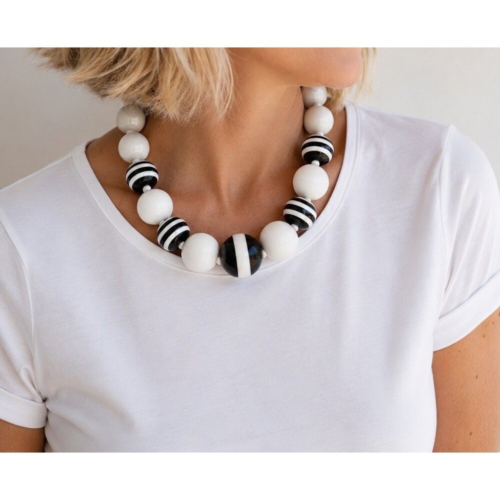 VTG VCLM Signed Mod Black White Striped Resin Bead Statement Choker Necklace 80s